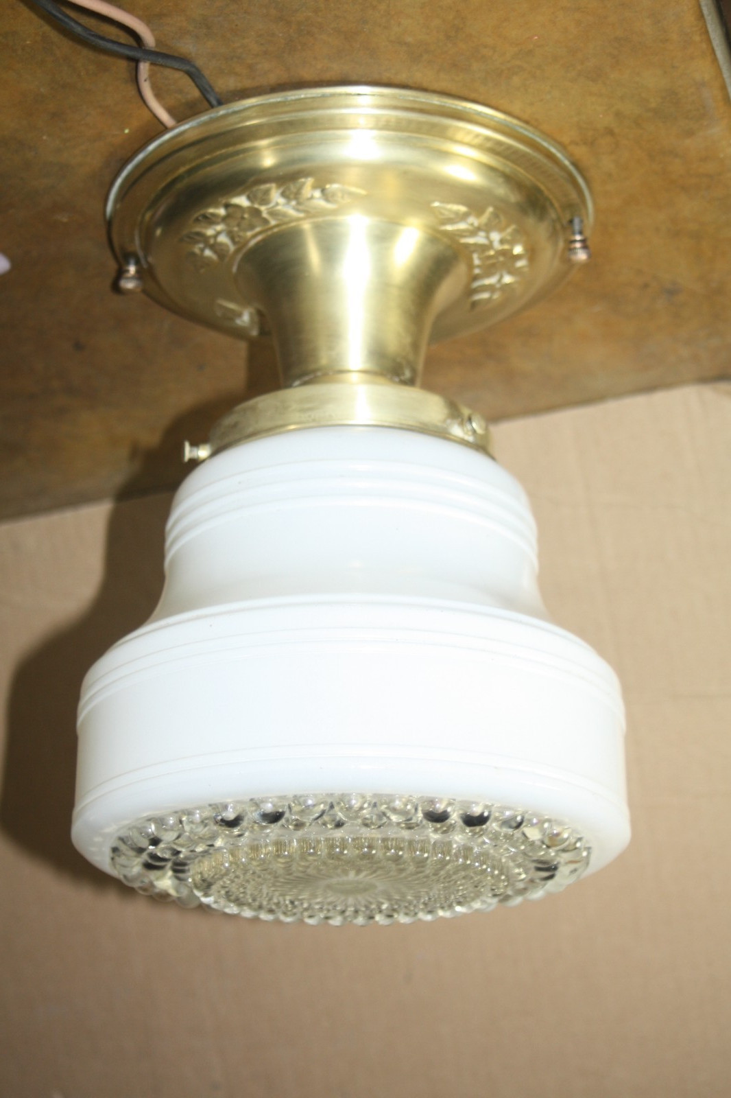 Antique Stamped Brass Ceiling Light Fixture w/ White and Clear Hobnail Shade