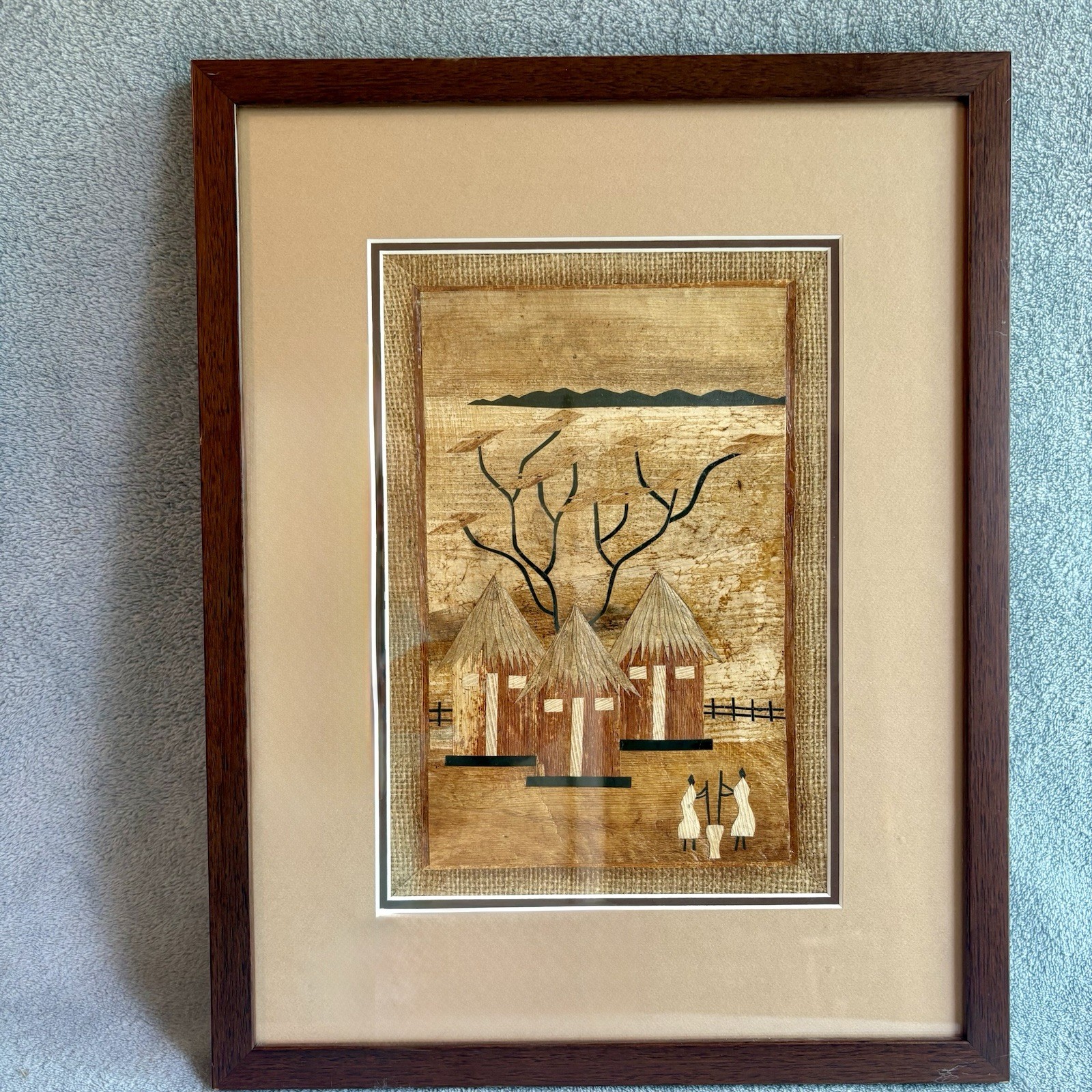 Vintage African Banana Leaf Painting Burlap Art Framed Matted 13.75” X 17.5”