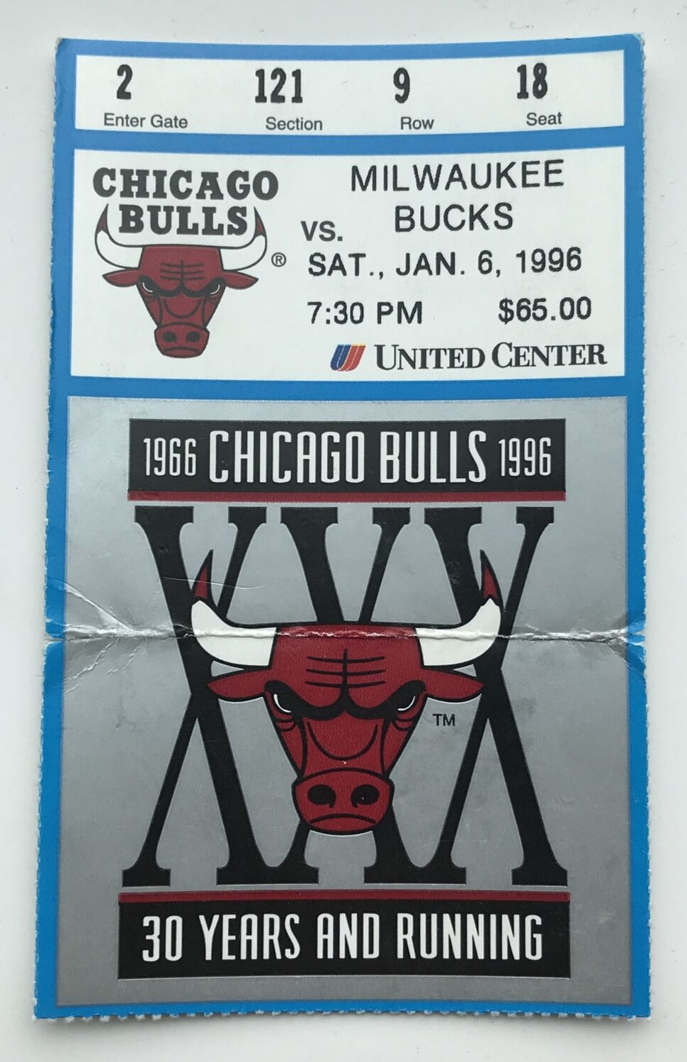 Bucks Chicago Bulls United Center Season Ticket Stub Michael Jordan 1/6/1996 