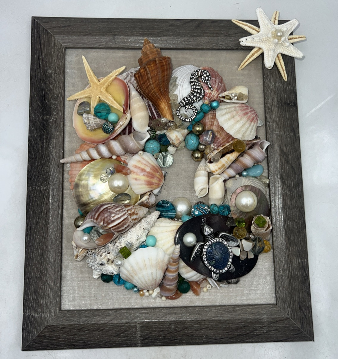 Seashell Art Framed Beach Shells Collage Turquoise Dragonfly Coastal Beach Decor