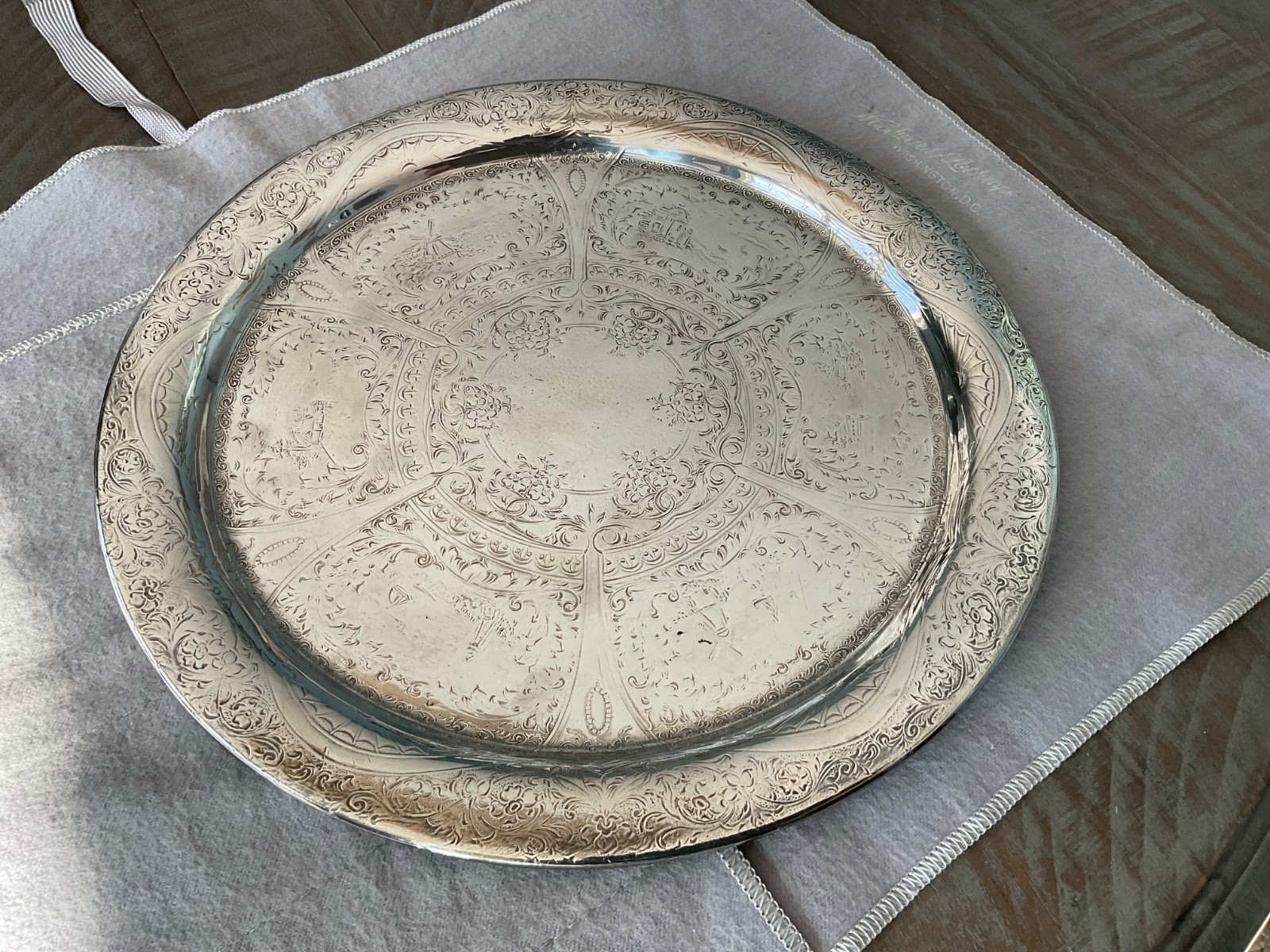 Antique 10” Dutch scene heavy circular Silver Plate Serving Platter  5754/10