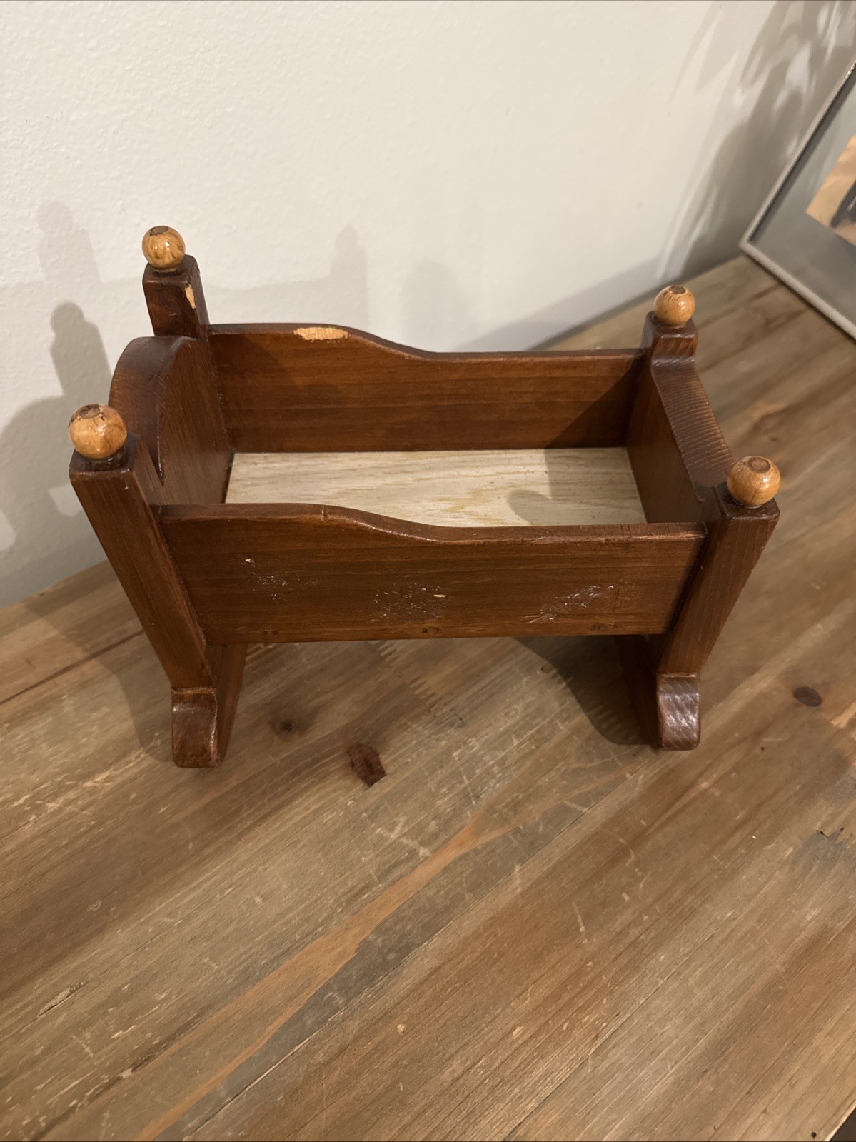 Vintage Style wooden rocking cradle Stained a dark brown & rustic design