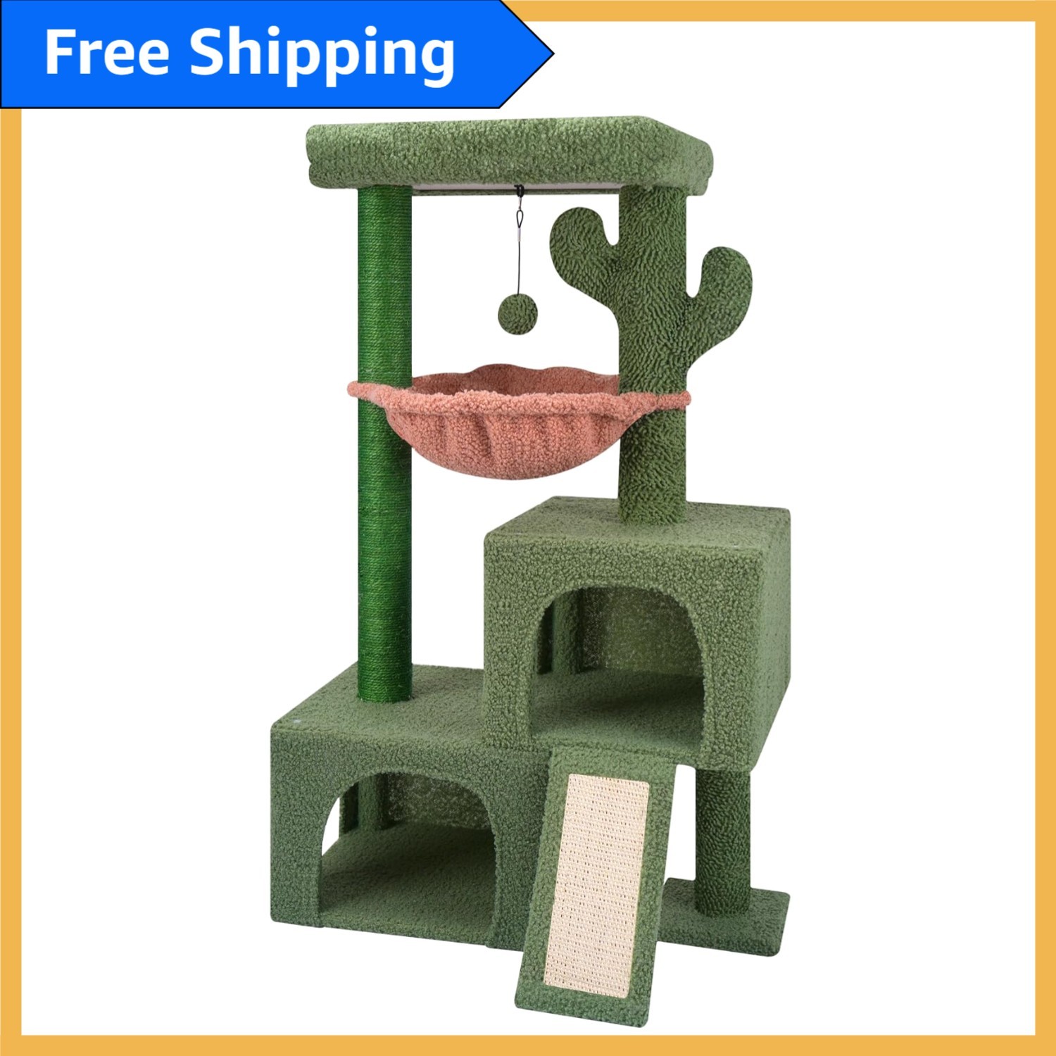 37.4" Cat Tree Tower with Twin Condos, Hammock & Scratching Post - Stylish Green