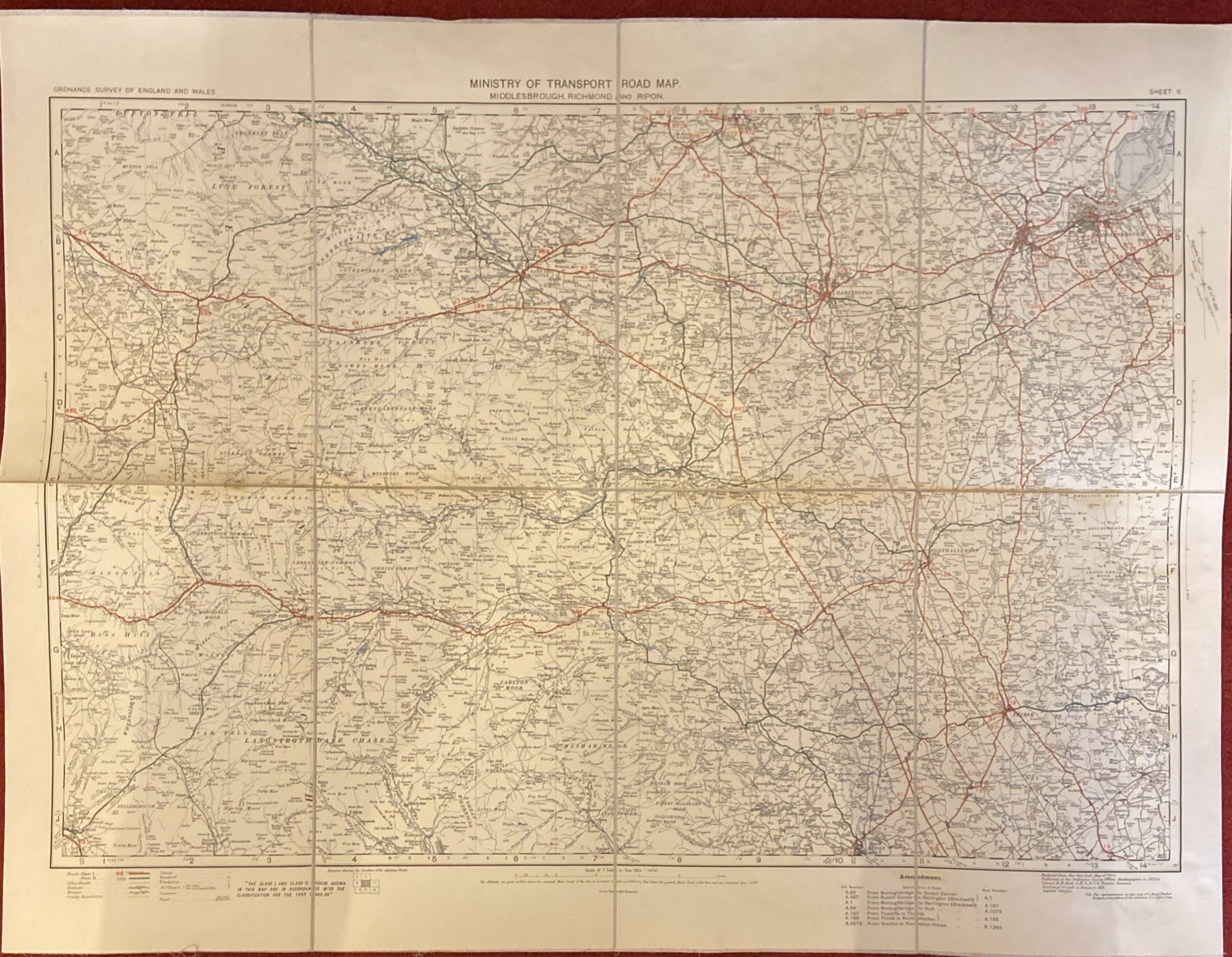 1923 Ministry Of Transport Road Map Sheet 6 Middlesbrough Ripon Richmond 