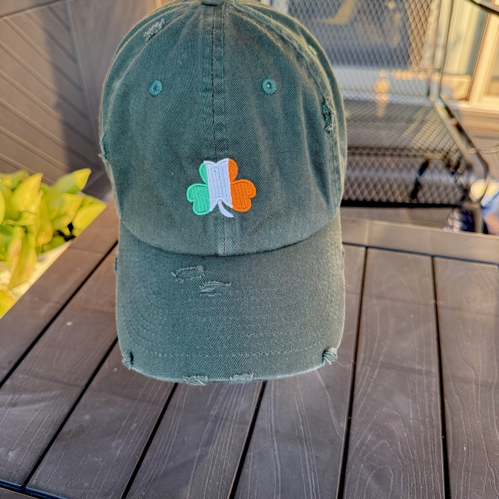 Shamrock Green White Orange on Forest Green Distressed Cotton HatCap StrapBuckle