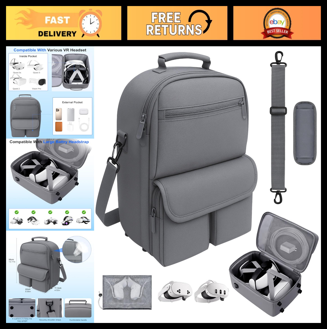 Large VR Carrying Case for Meta Quest 3/2, Waterproof, Drop-Resistant, Travel &