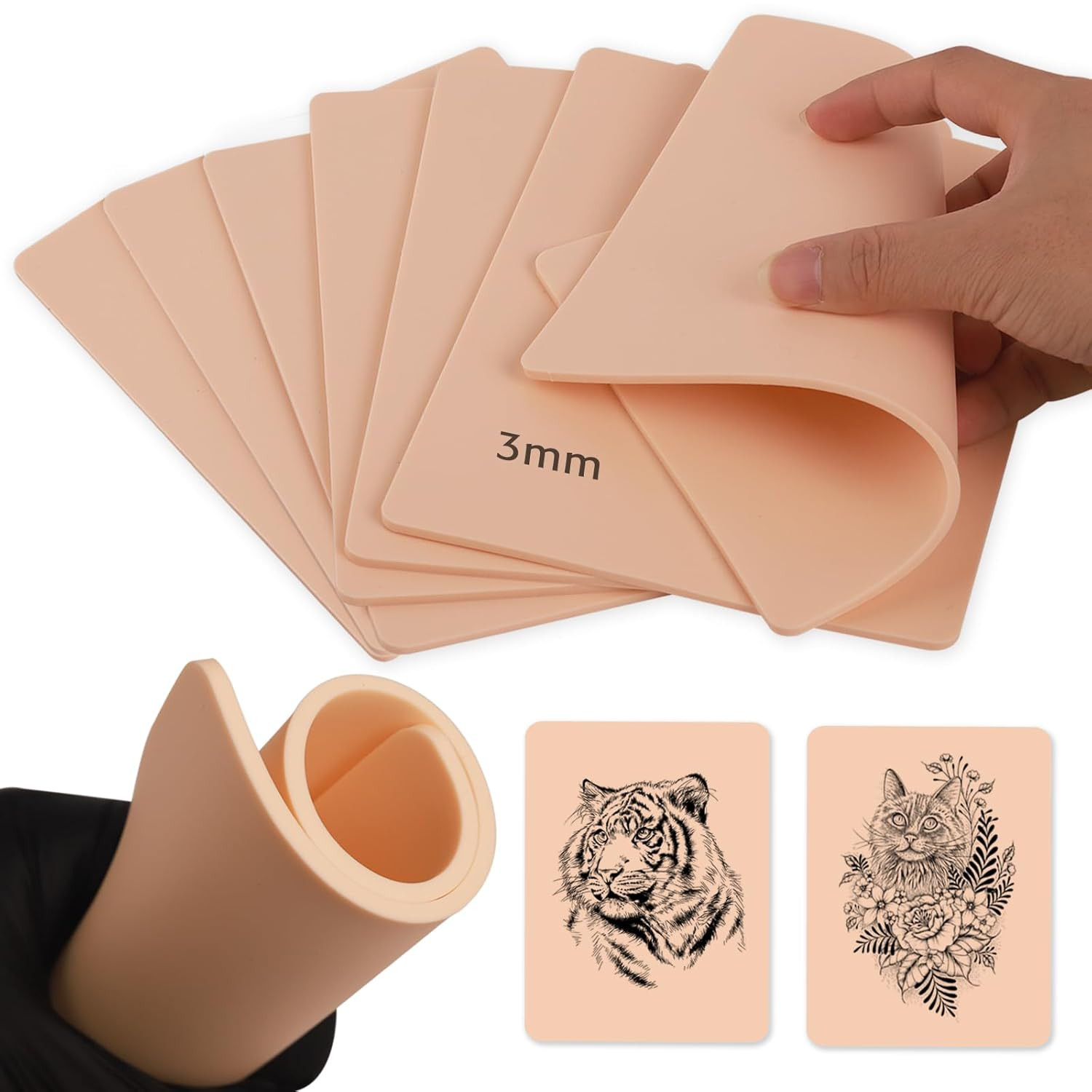 3MM Tattoo Skin - 10Pcs Fake Skin Soft Silicone Double Sides 7.4X5.6" for Beginn