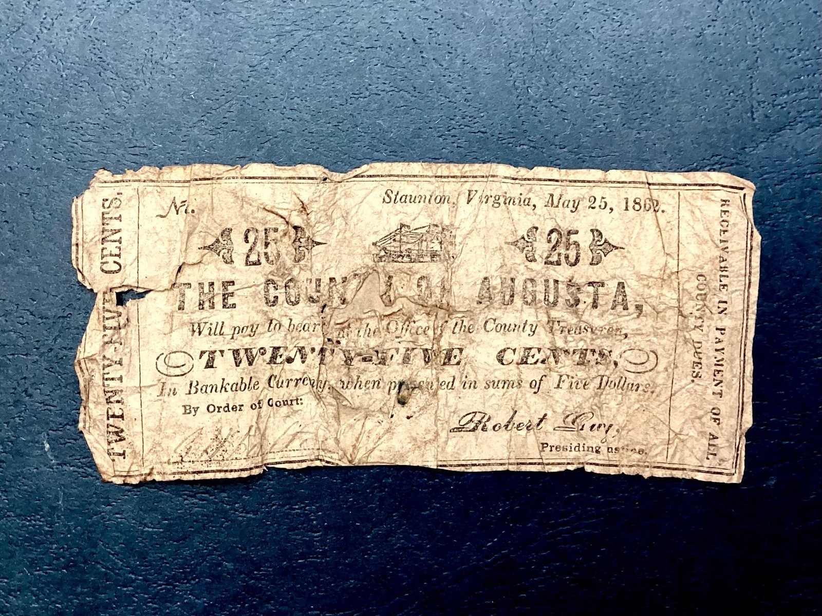~1862  25 Cents The County of Augusta - Virginia - Civil War Fractional Currency