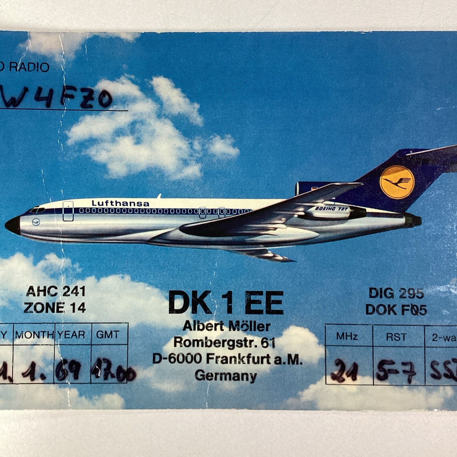Germany QSL Radio Card 1969 Lufthansa Boeing 727 Albert Moller Frankfurt
