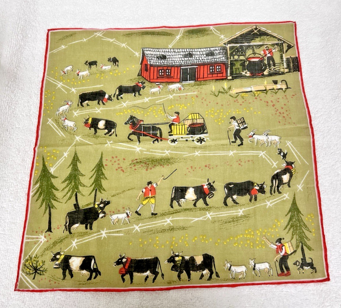 Novelty Handkerchief Cotton Farmers Cows Goats Pastures Trees Vintage 11 1/2" Sw