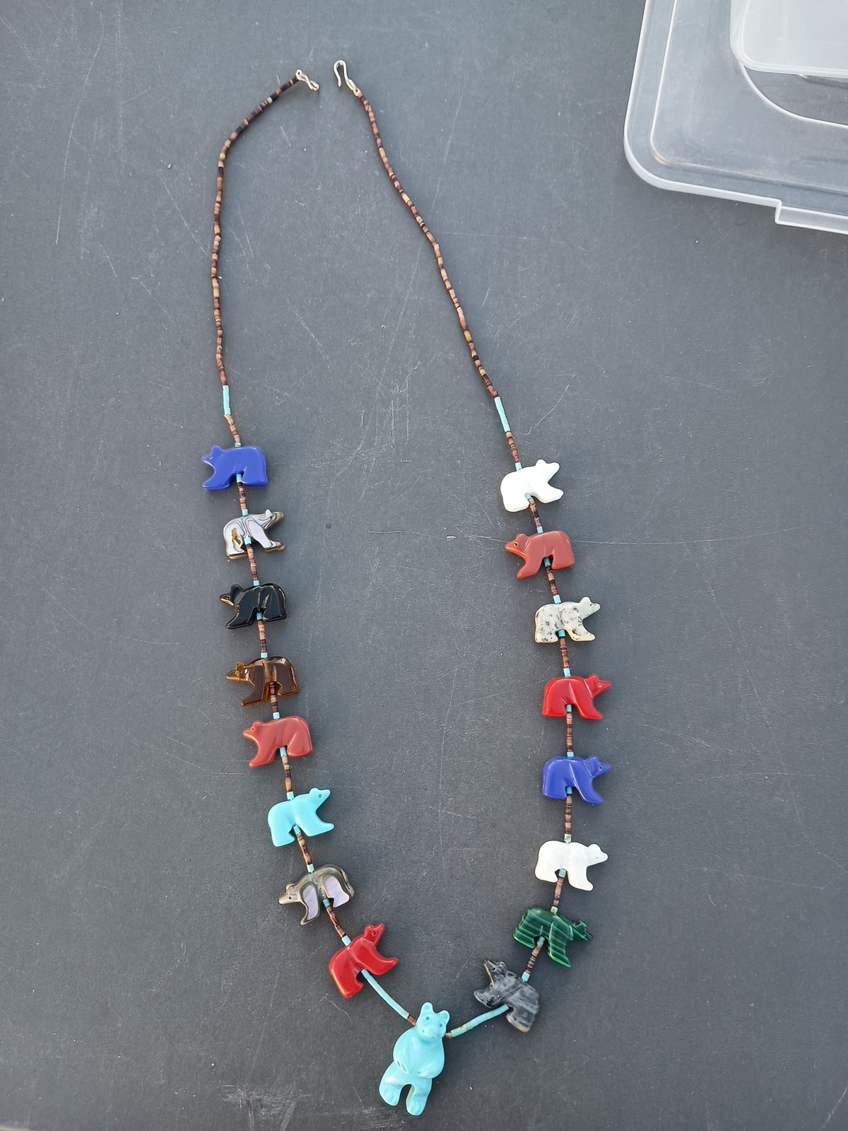 Vintage Zuni Stone Bear Fetish Necklace Turquoise Malachite Abalone Sterling