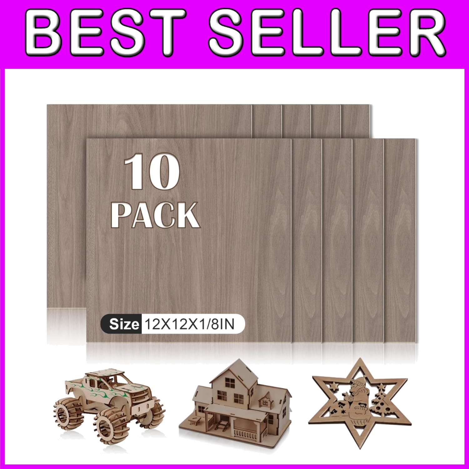 Unfinished Wood for Crafts, 12x12x1/8 Inch, 10 Pack