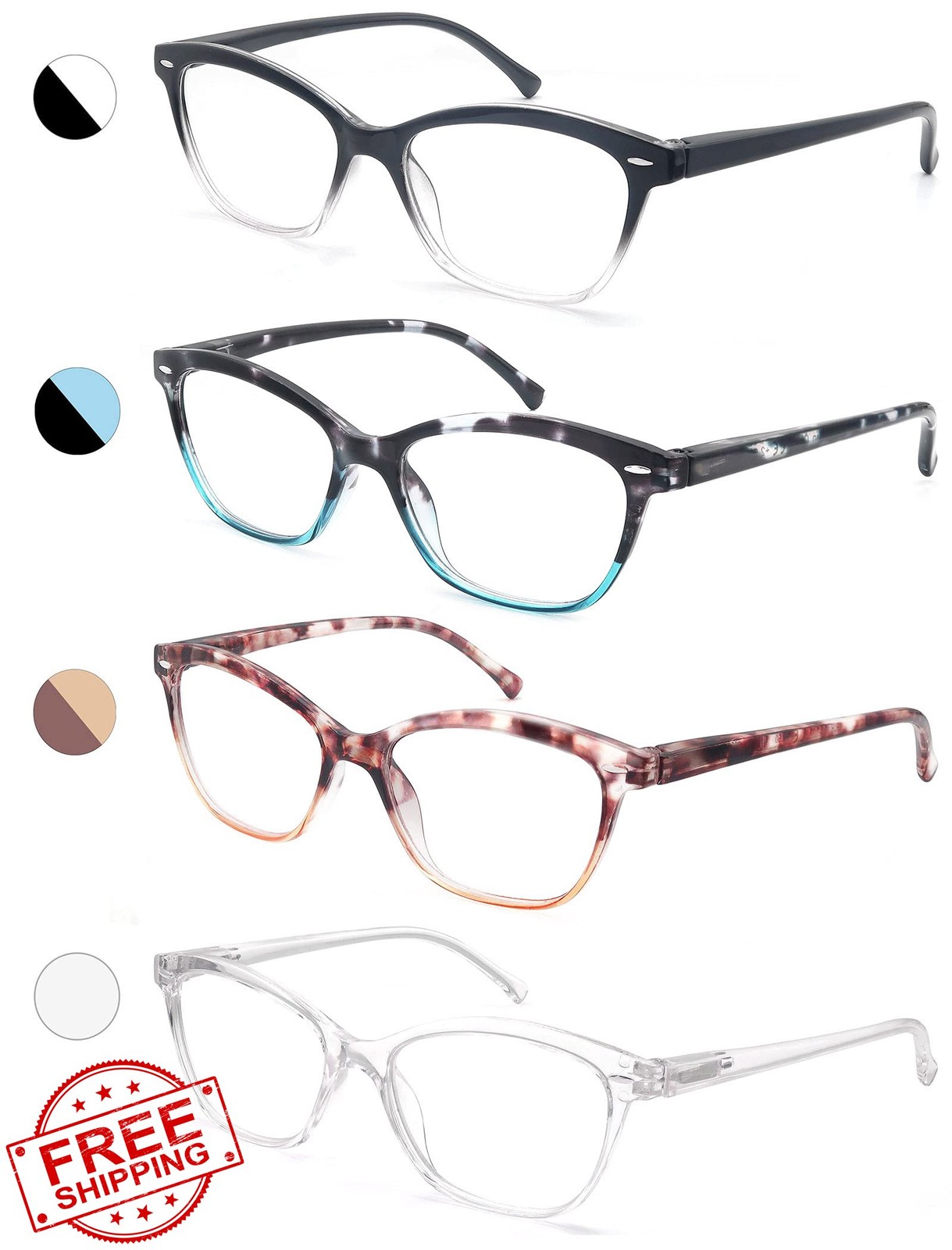 MODFANS Reading Glasses 4.5 Round Spring Hinge 4 Pack Mix Color