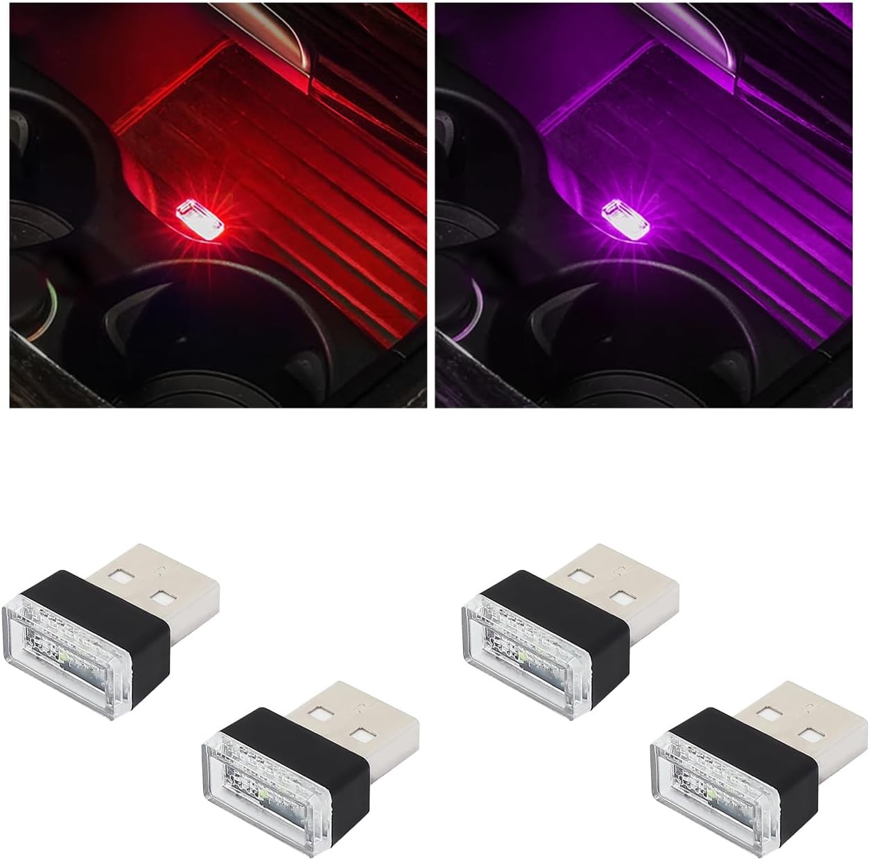USB LED Car Interior Atmosphere Lamp 2 Red 2 Purple