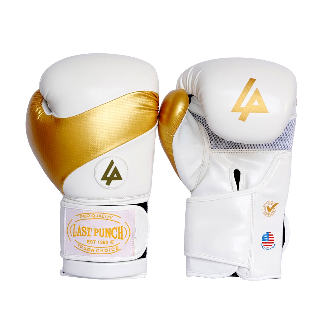 Last Punch 14oz Pro Training Boxing Gloves   White & Gold Sparring Gear