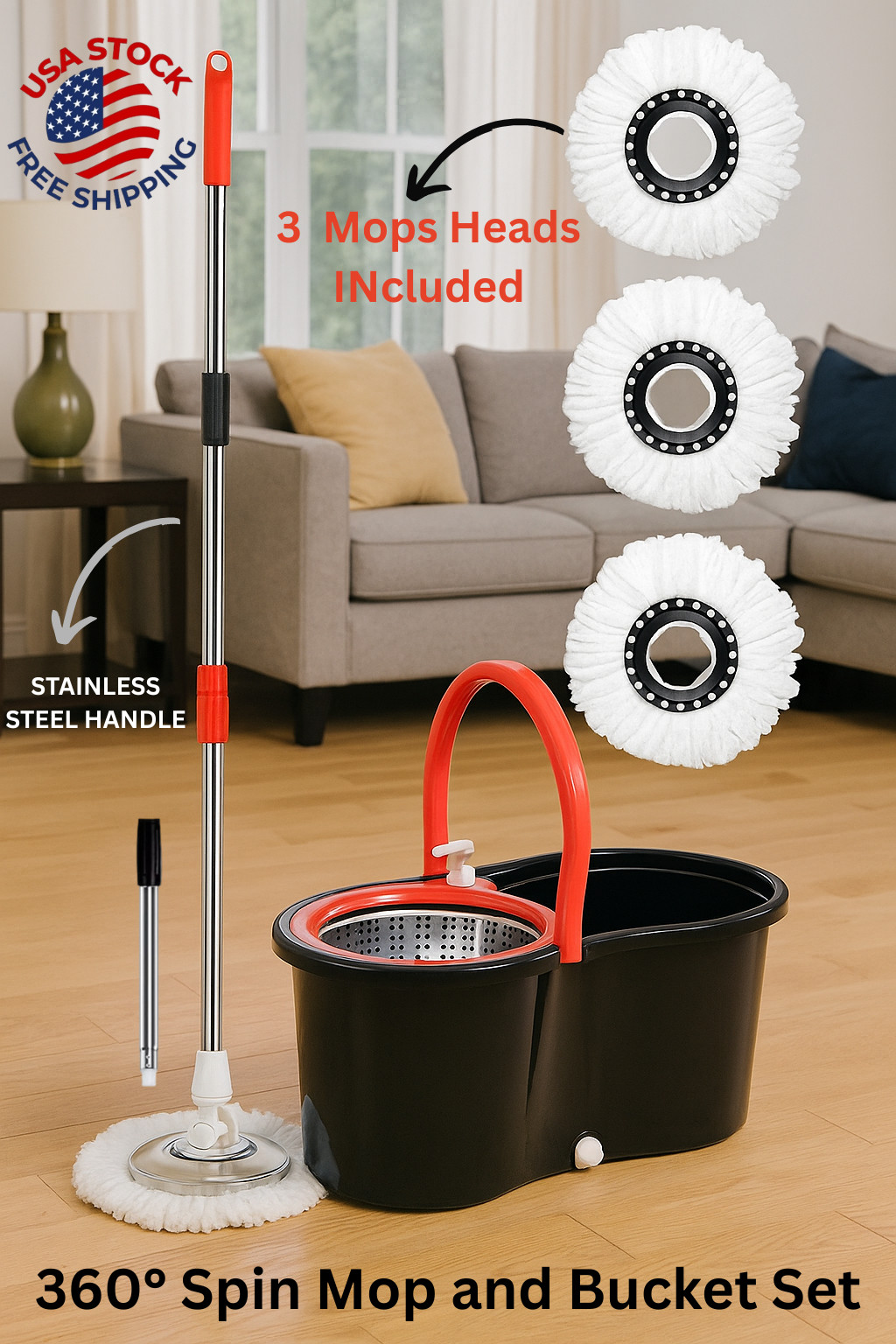 360 Spin Mop & Bucket System with Wringer | Adjustable Handle + 3 Refills