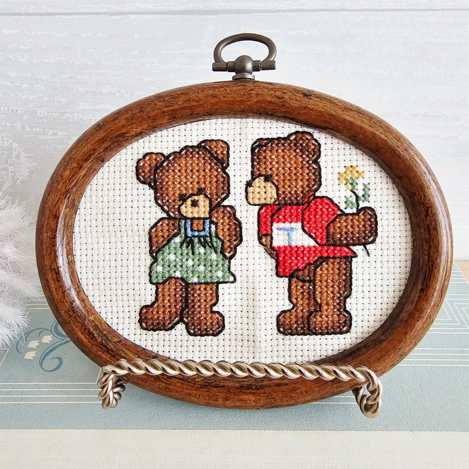 Vintage Two Bears Framed Oval Small Needlepoint Cross-Stitch Hanging
