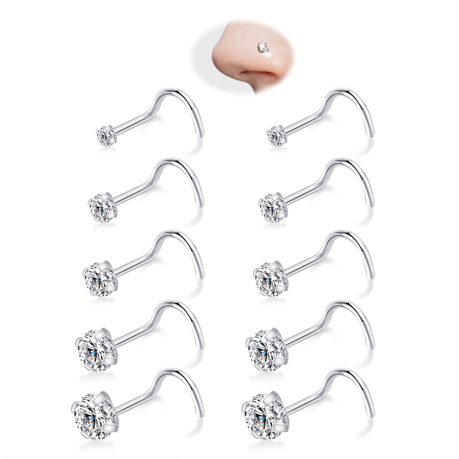 Nose Rings Studs  10PCS 20G Gold/Silver Nose Screw Rings for Women Men 316L S...