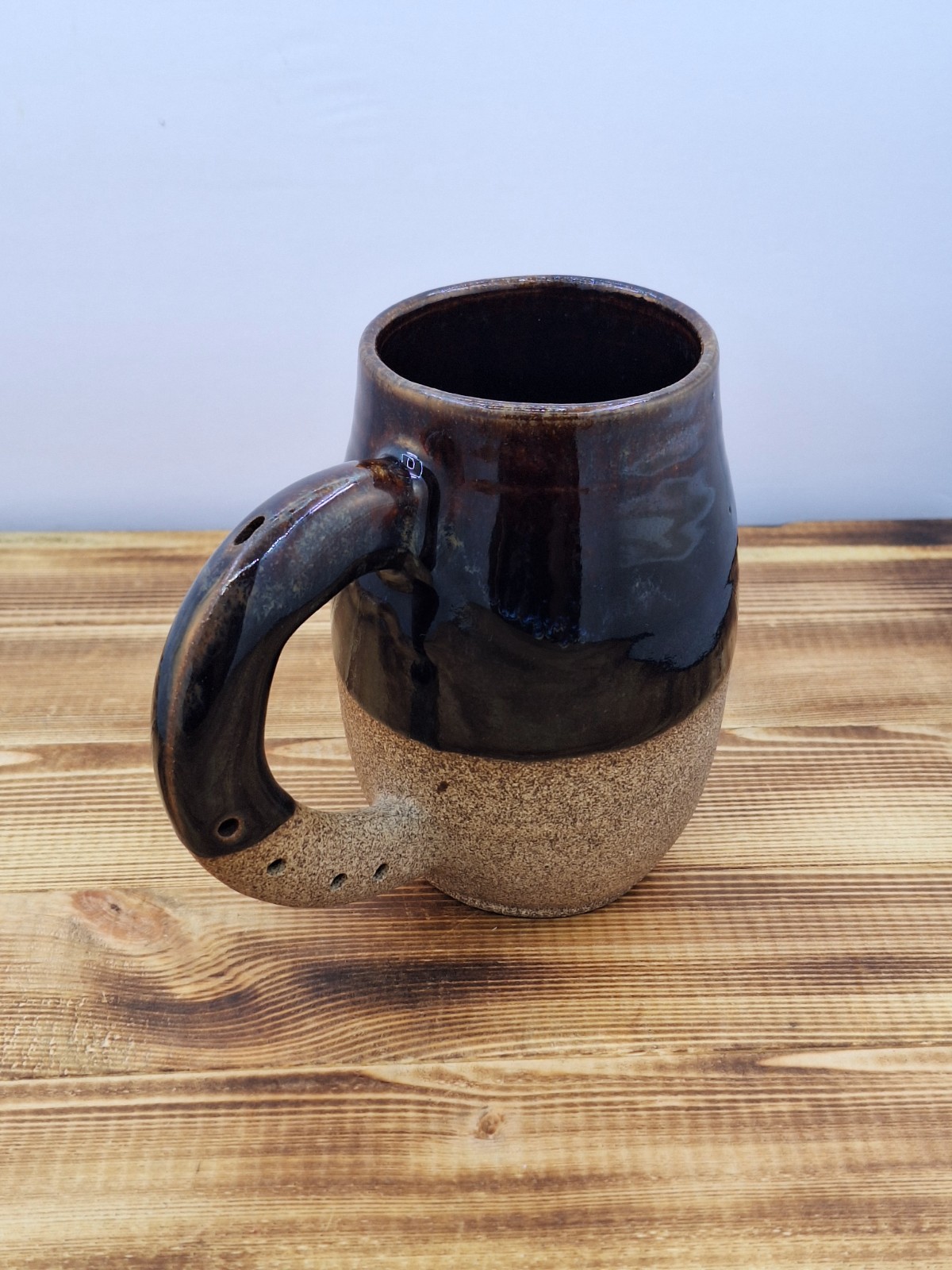 Stoneware Ceramic Mug With Fluted Handle. Signed Studio Art Cup Instrument