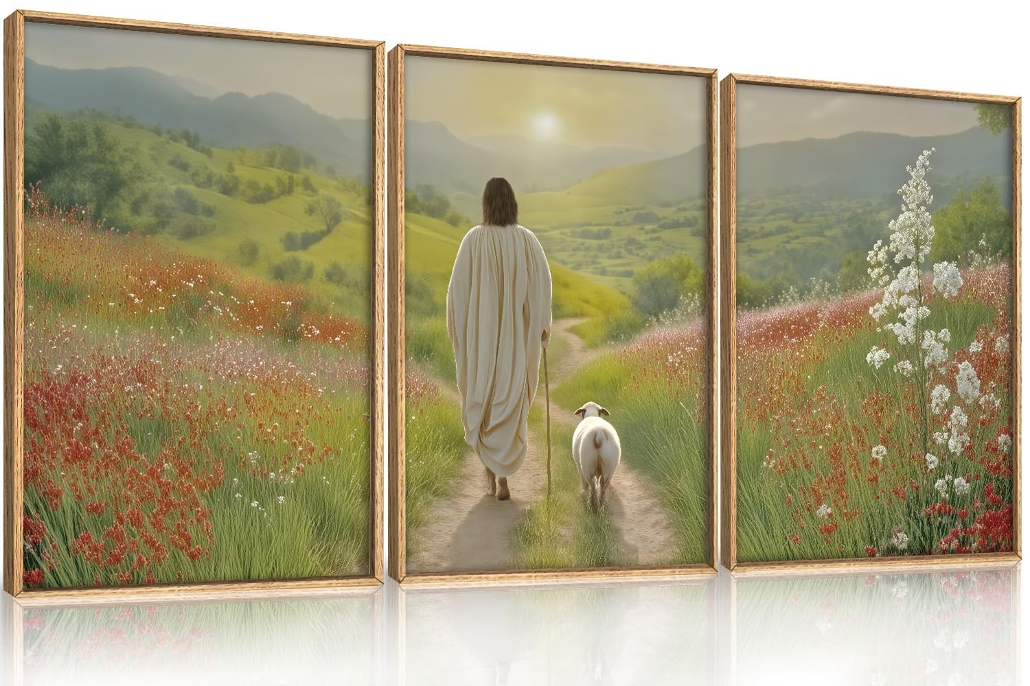 LHIUEM Large Jesus and Lamb Christian Framed Canvas Wall Art,Leaves The 99 Sh...