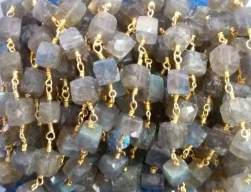 1 Feet Natural Labradorite 3D Cube Box 5-6mm/6-7mm Beads, Rosary Chain Gold Wire