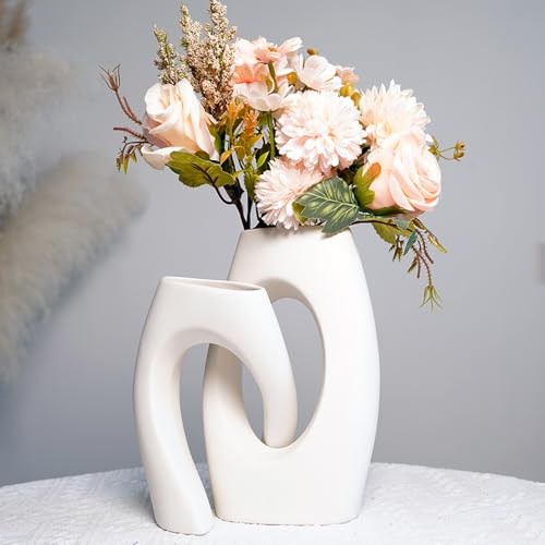 White Hollow Ceramic Vase Set of 2，Hug Champagne-colored Flowers and White Vase