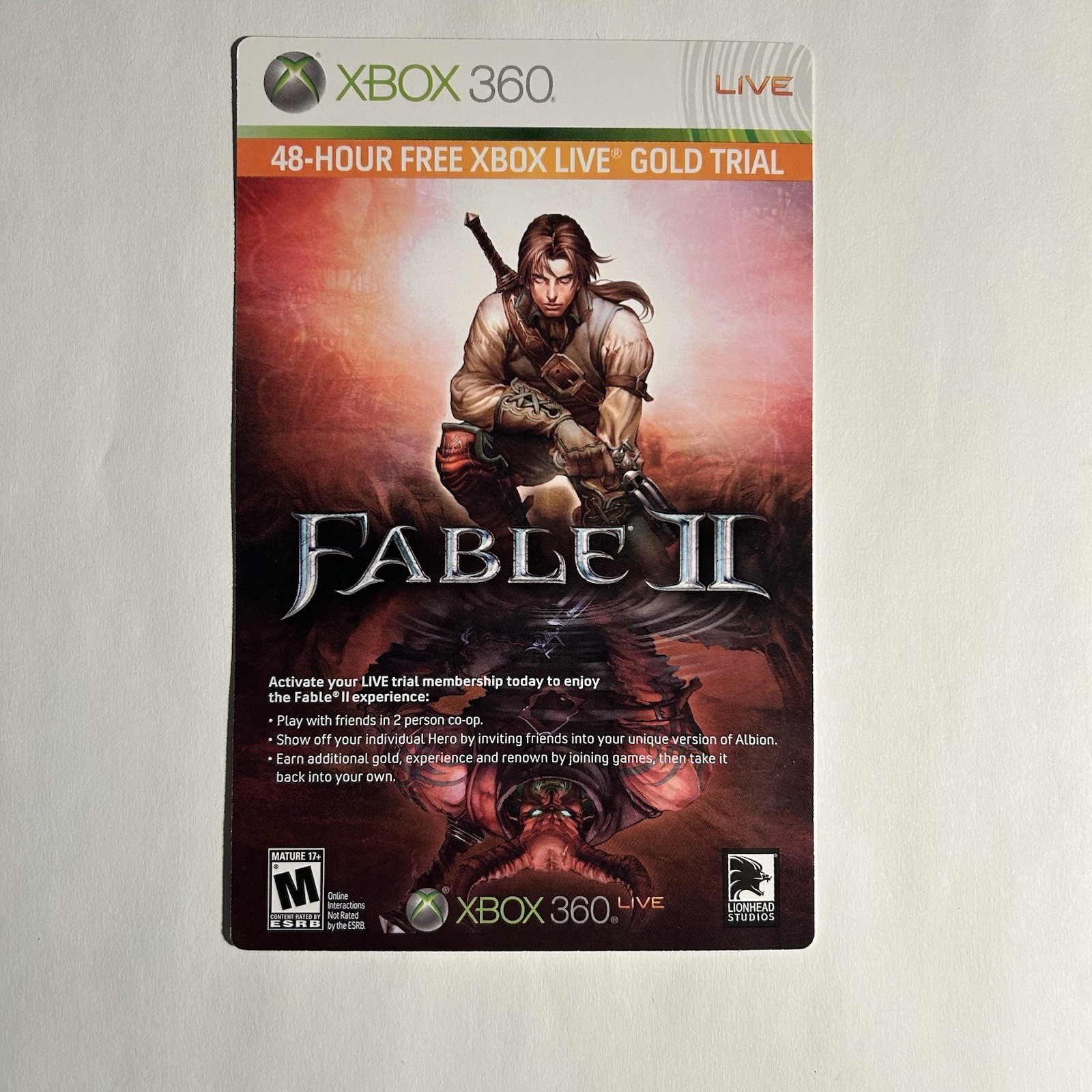 Fable 2 XBOX LIVE Free 48 Hour Trial Gold Subscription XBOX 360 Unused
