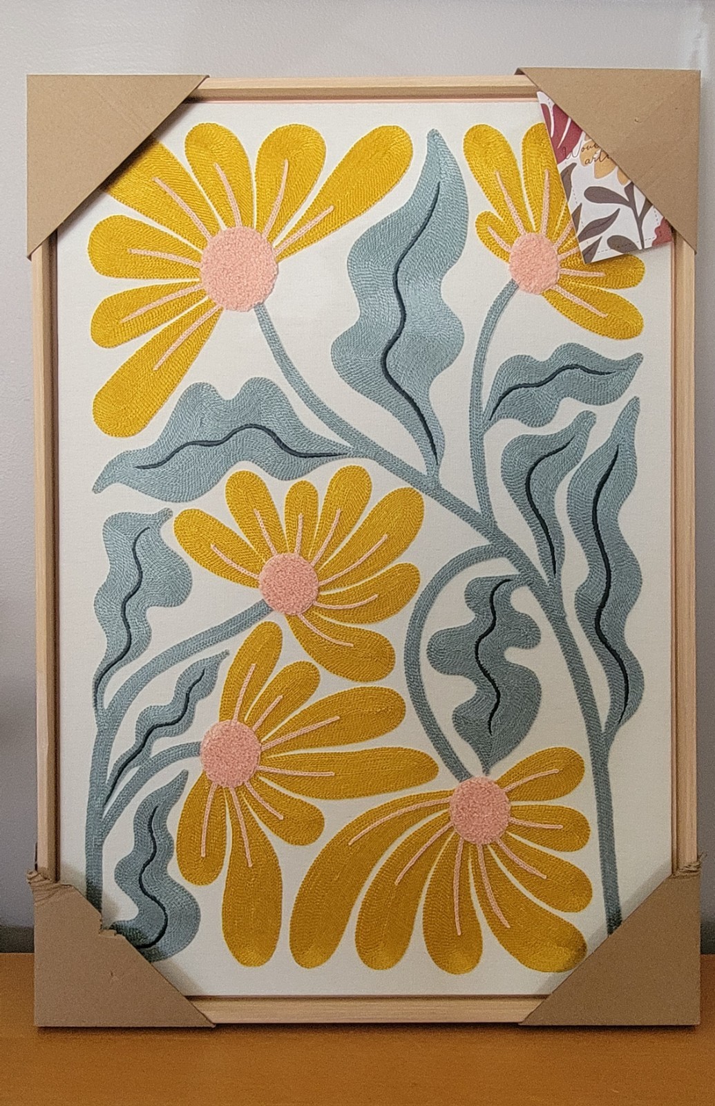 Large BP Home Woven Textile Embroidered Fiber Wall Art Yellow Daisies Flowers