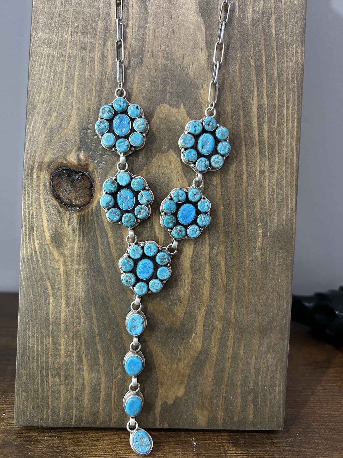 Vintage Navajo Kingman Nugget Cluster Lariat Sterling Silver Necklace 31” Long