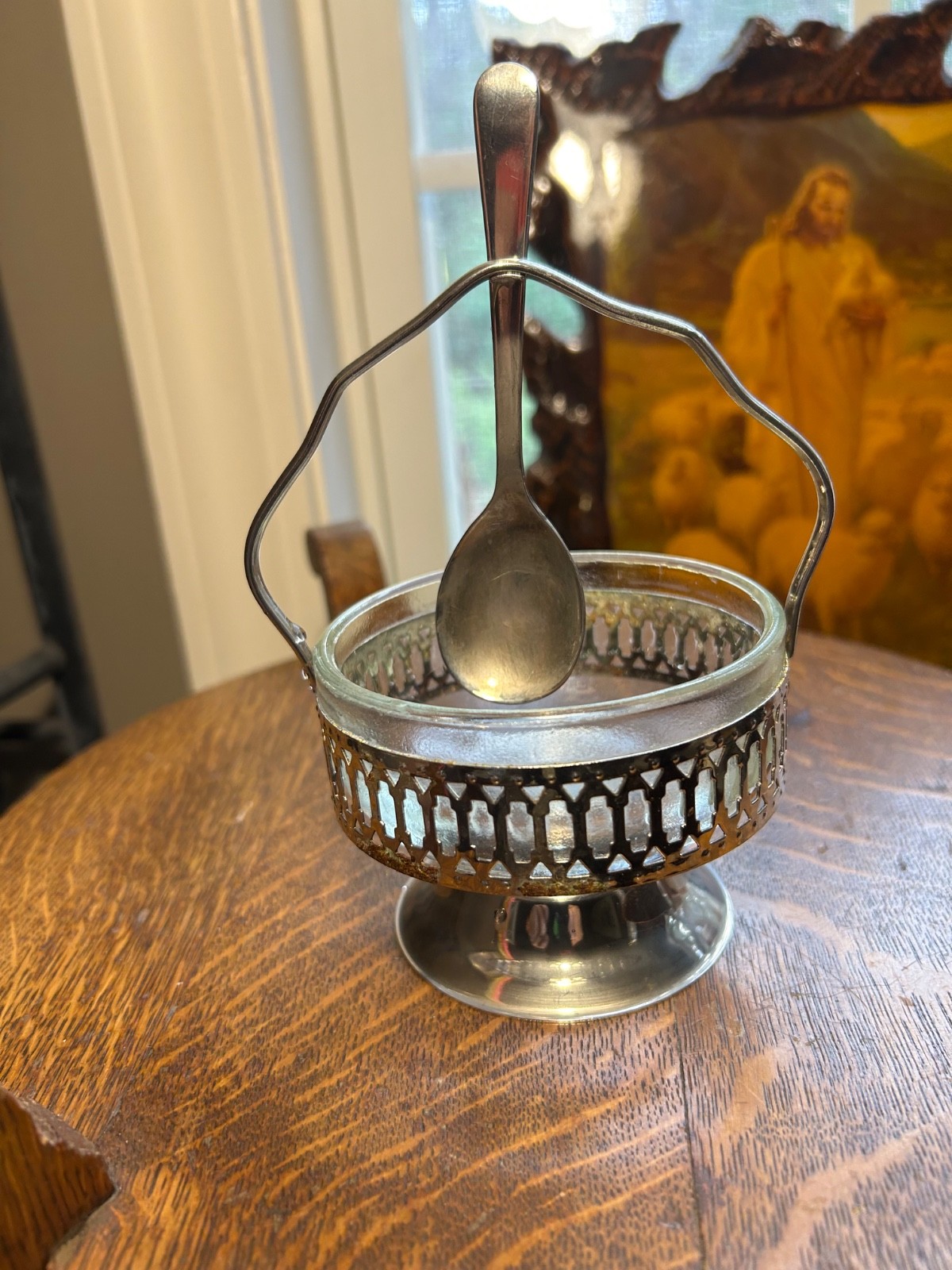 Vintage Leonard Silver-Plate Glass Sugar Bowl Holder With Spoon