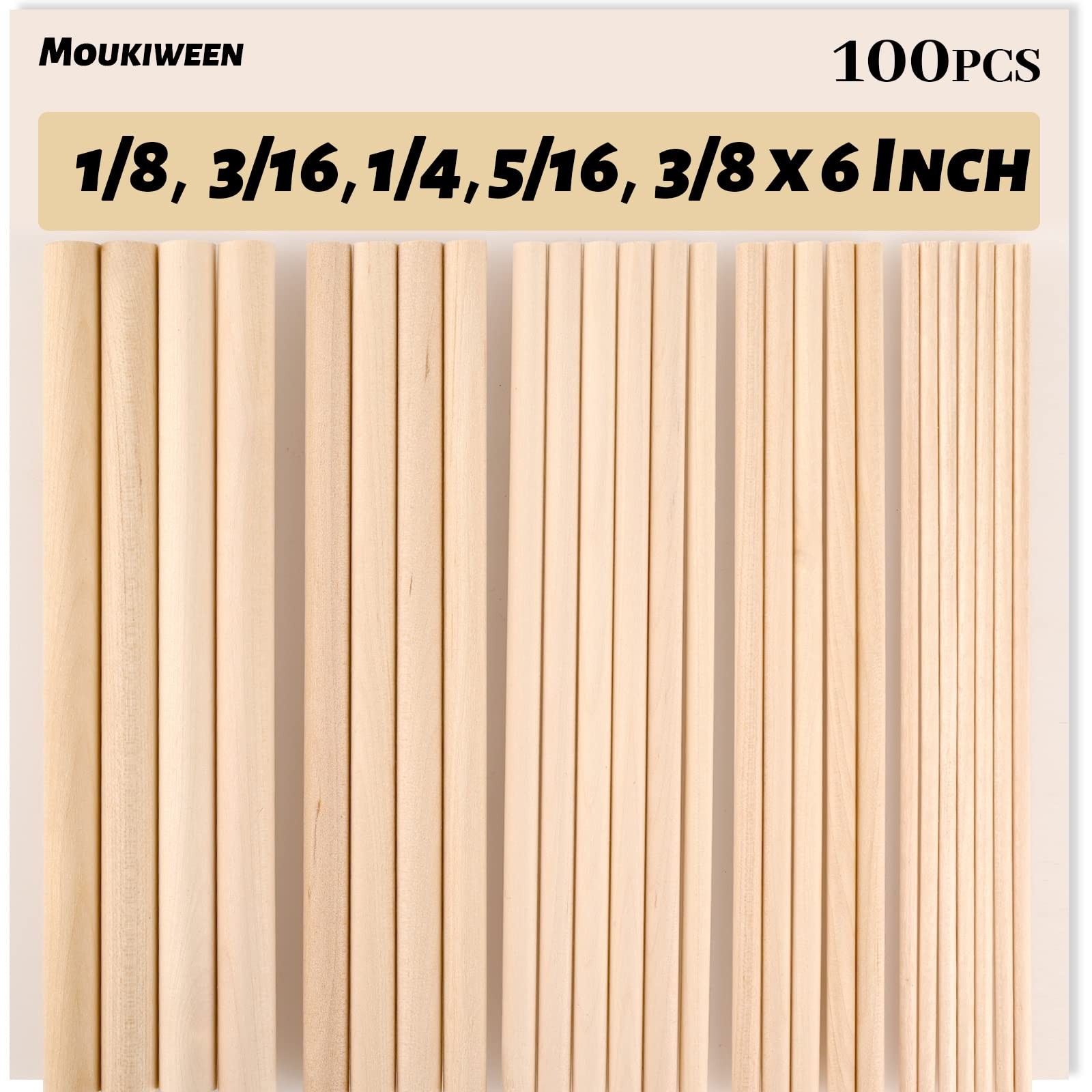 Moukiween Wooden Dowel Rods, 1/8, 3/16, 1/4, 5/16, 3/8 x 6 Inch (100PCS) 