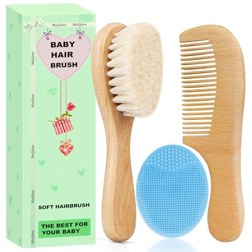 Baby Hair Brush with Wooden Handle and Comb Set for Blue Silicone Brush (3pcs)