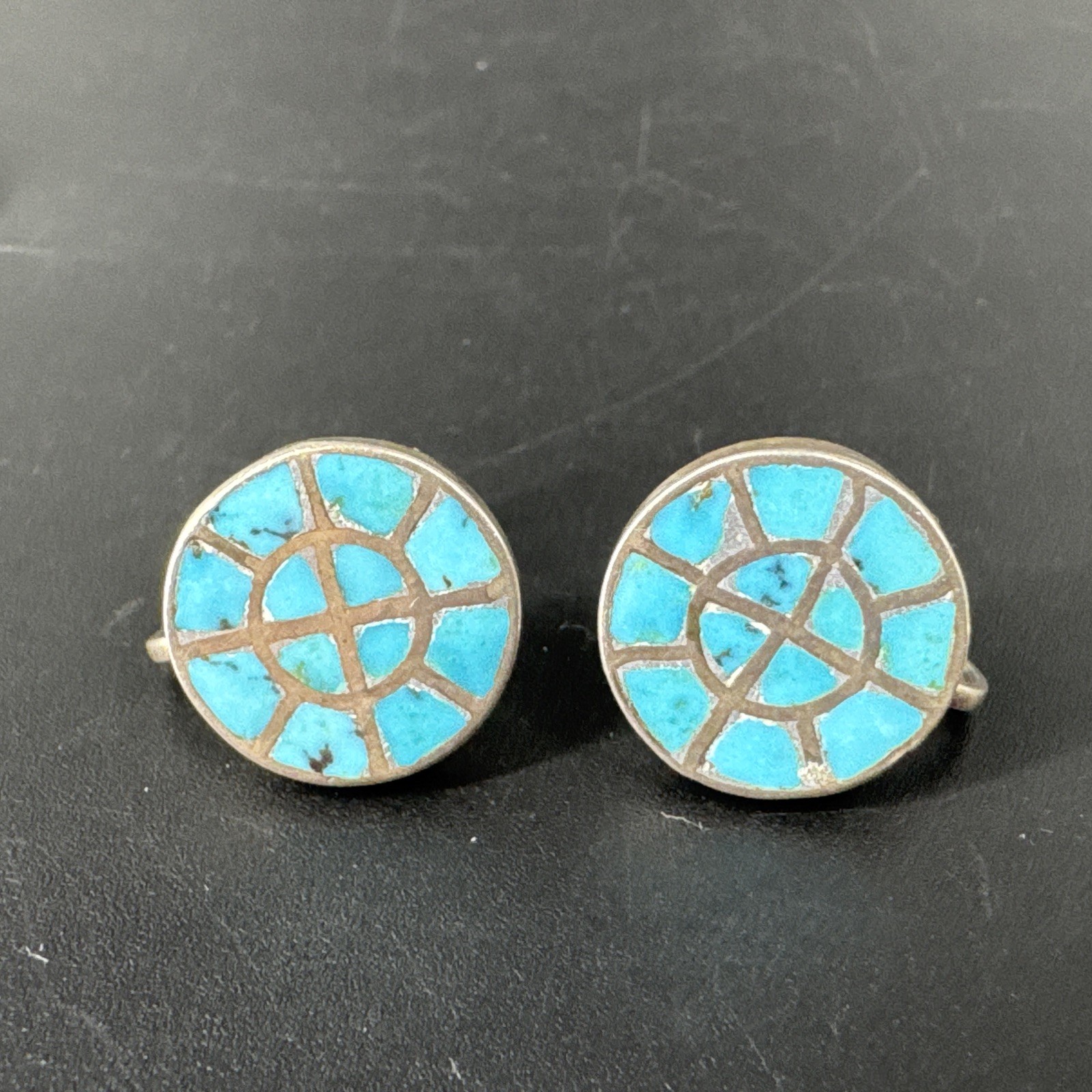Vtg Sterling Silver Zuni Inlay Turquoise Channel Set Screw back Earrings