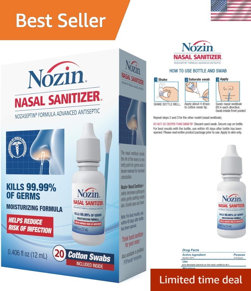 Nasal Sanitizer Antiseptic 12mL Bottle | Kills 99.99% of Germs | 60+ Applicat...