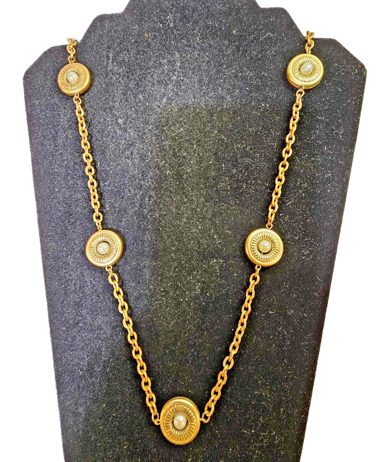 Vtg 14k goldplated clasp Goldtone Chain Necklace w 7 rotating faux pearl 39"-S65