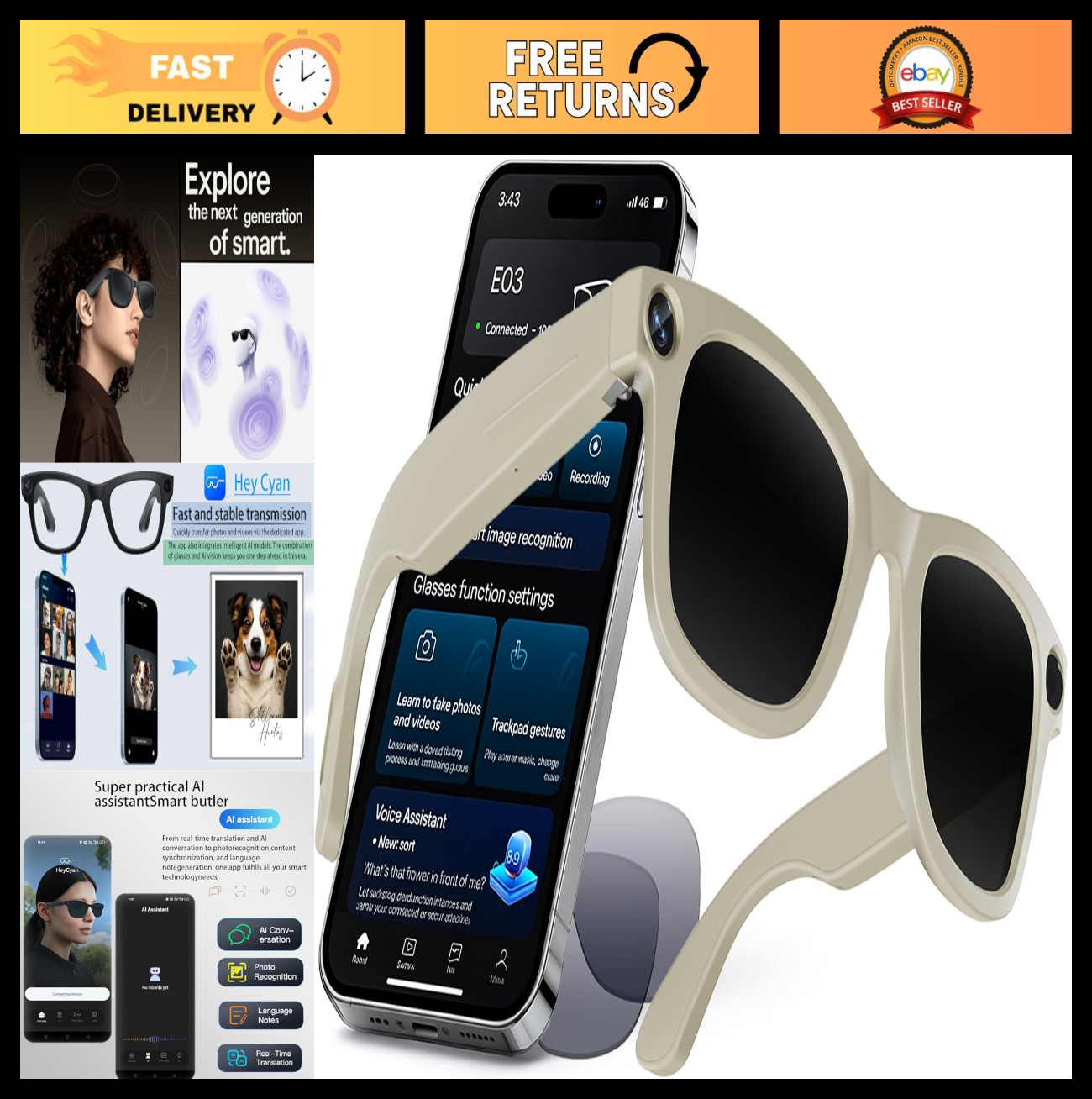 Smart Glasses with Camera, 1080P Video, AI Translation, Bluetooth Audio, Hands-F