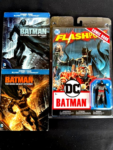 BATMAN-THE DARK KNIGHT RETURNS 1 & 2 (Blu-Rays-DVDs) W/ Slips & Batman Comic