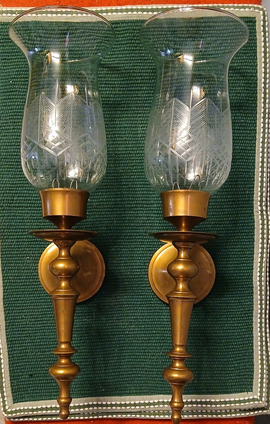 Pair Vintage Heavy Brass Wall Sconces Hand Etched Glass Shades Made In India 18"