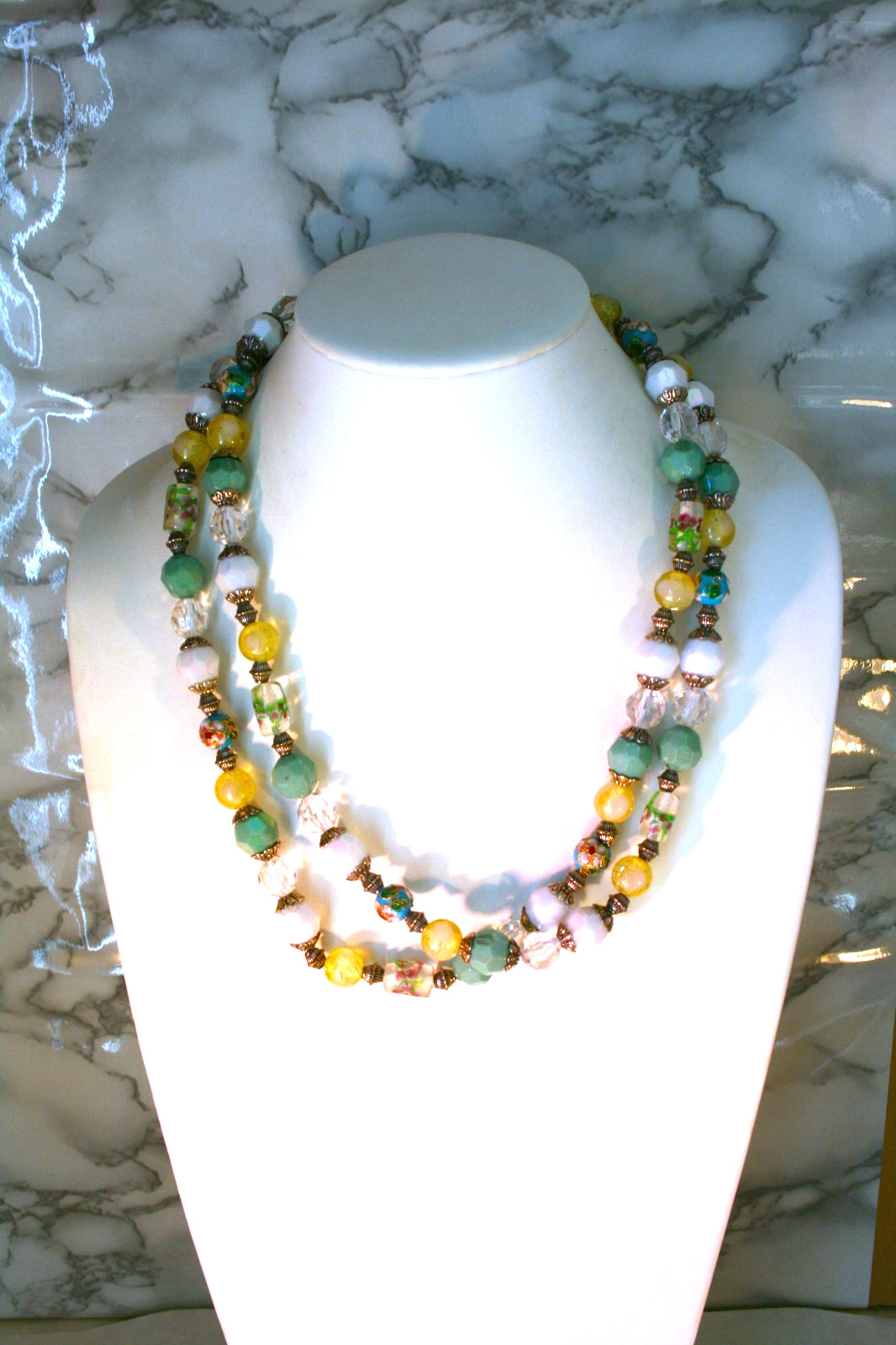 Talbots silver tone cloisonne & mixed beads multi color necklace 44" + 2"