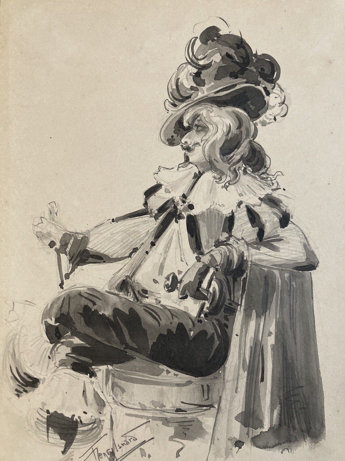 Très Beau Dessin Encre Sur Papier Personage Chapeau Plume Homme Art 1900 Ancien