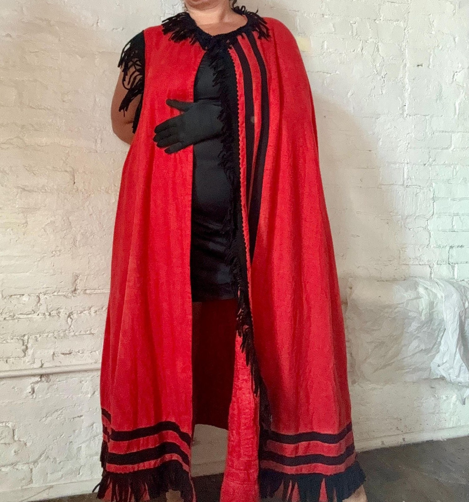 Vintage Red & Black Fringed Cape Homemade Halloween Costume