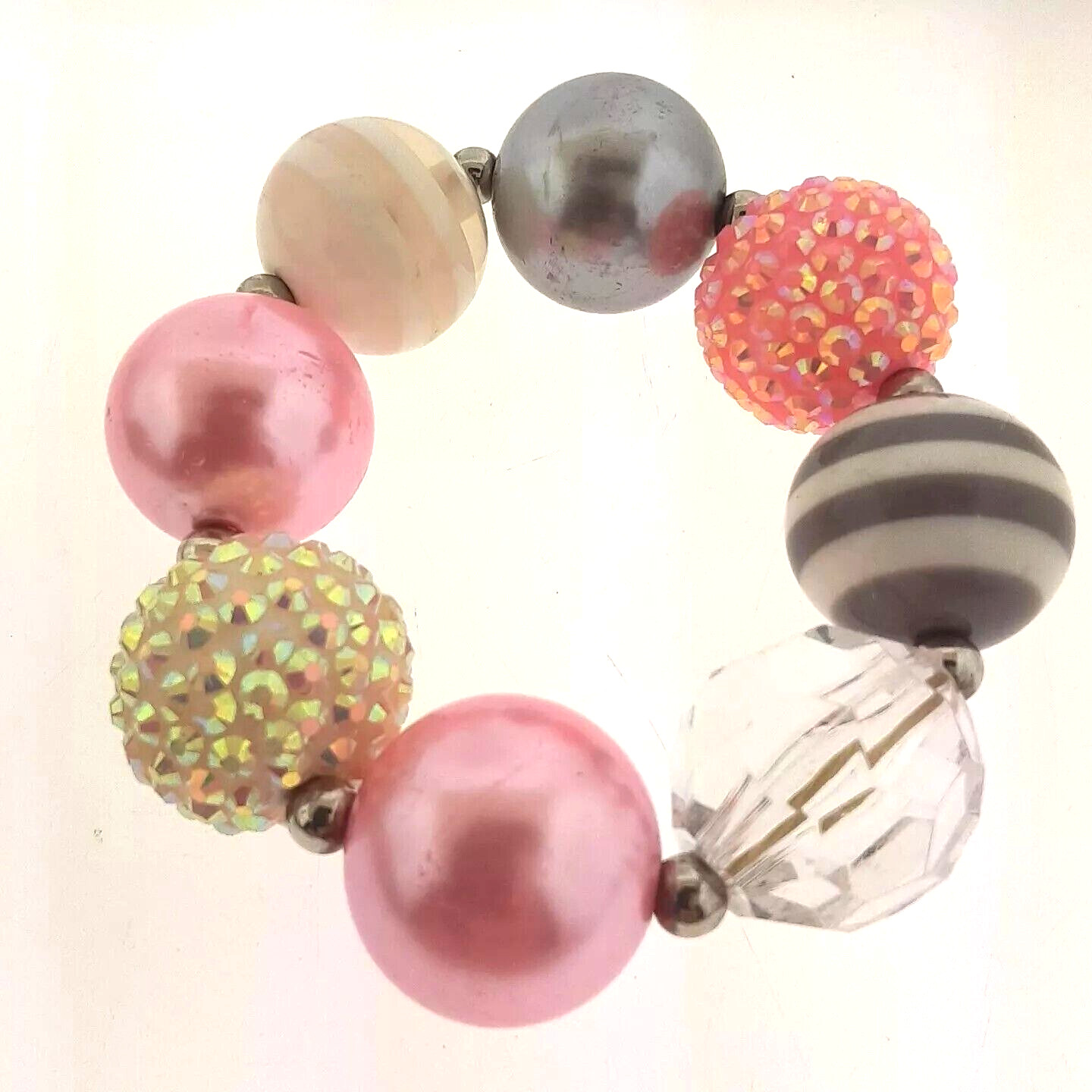 Chunky Pink Lucite Pearl Crystal Bead Statement Stretch Bracelet .75*6