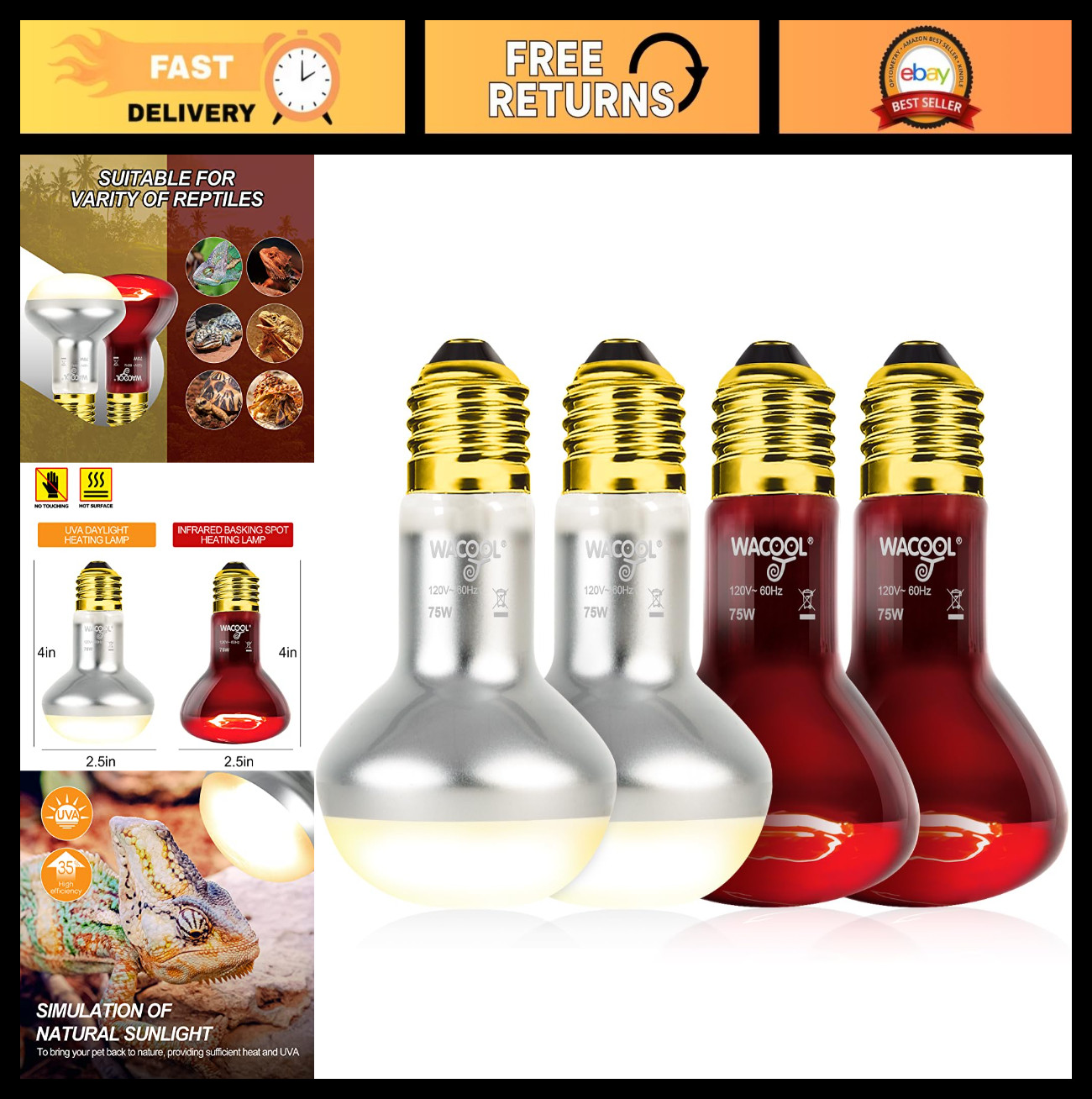 4-Pack Reptile Heat Lamp Kit 75W - Day & Night UVA Basking Bulbs for Reptiles &