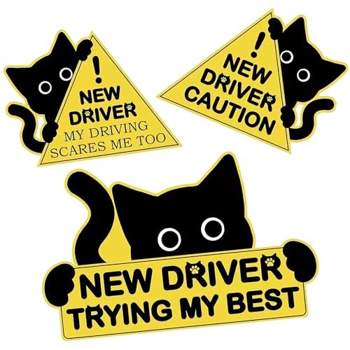3Pcs Black Cat New Car Driving Magnets, Reflective Student Driver Magnet for 