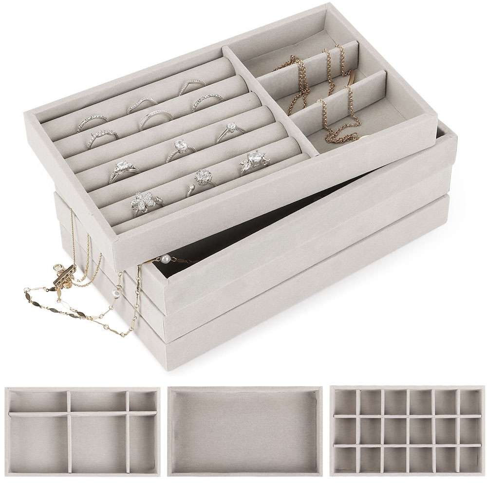 4 Styles Velvet Jewelry Tray Stackable Jewelry Drawer Organizer 8.3"x4.7"x1"