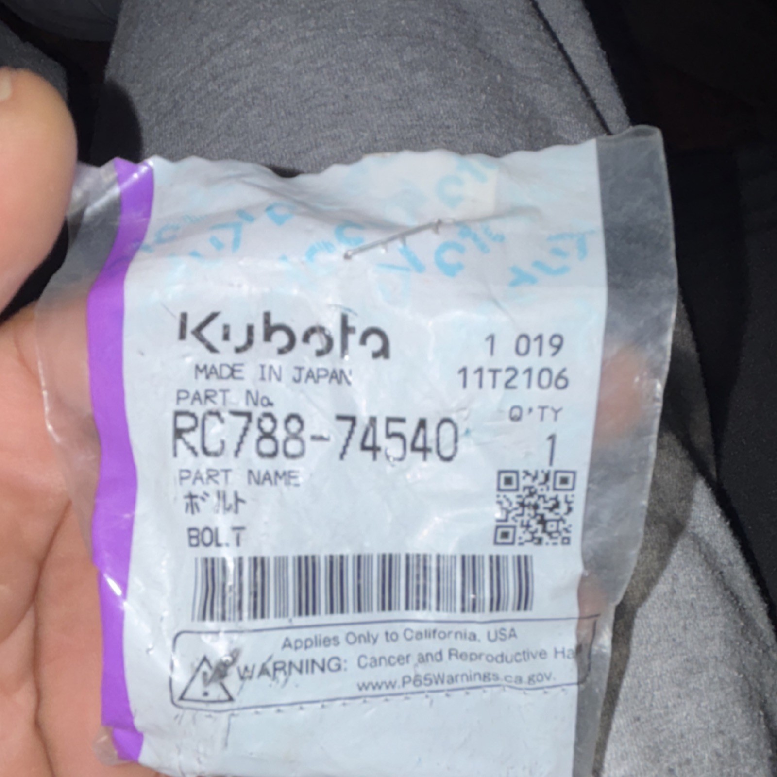 Kubota Bolt RC788-74540 Heavy Equipment Model RC788-74540 Replacement Part