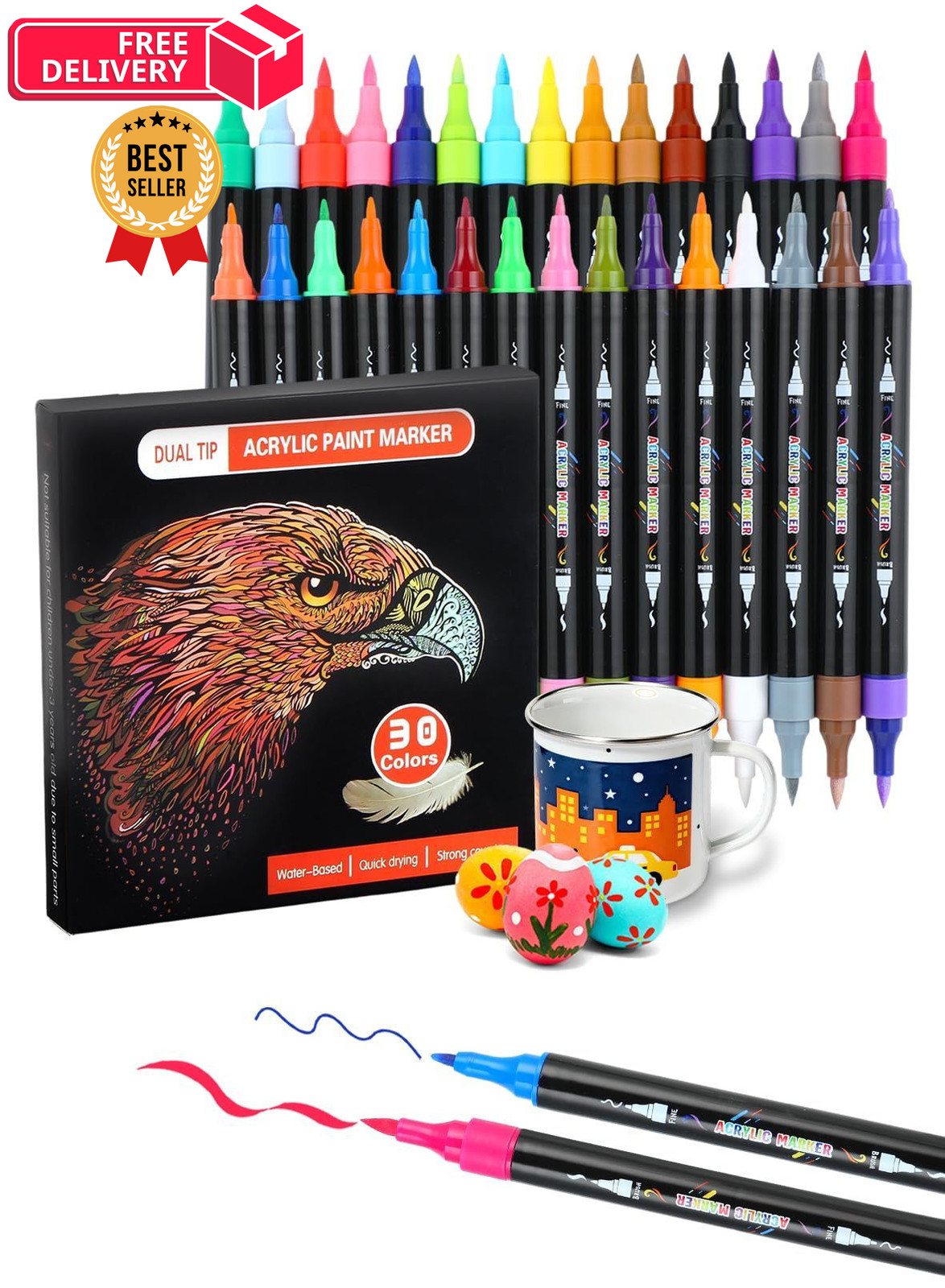 Brled 30 Colors Acrylic Paint Pens, Dual Tip 30 - Rock Painting 