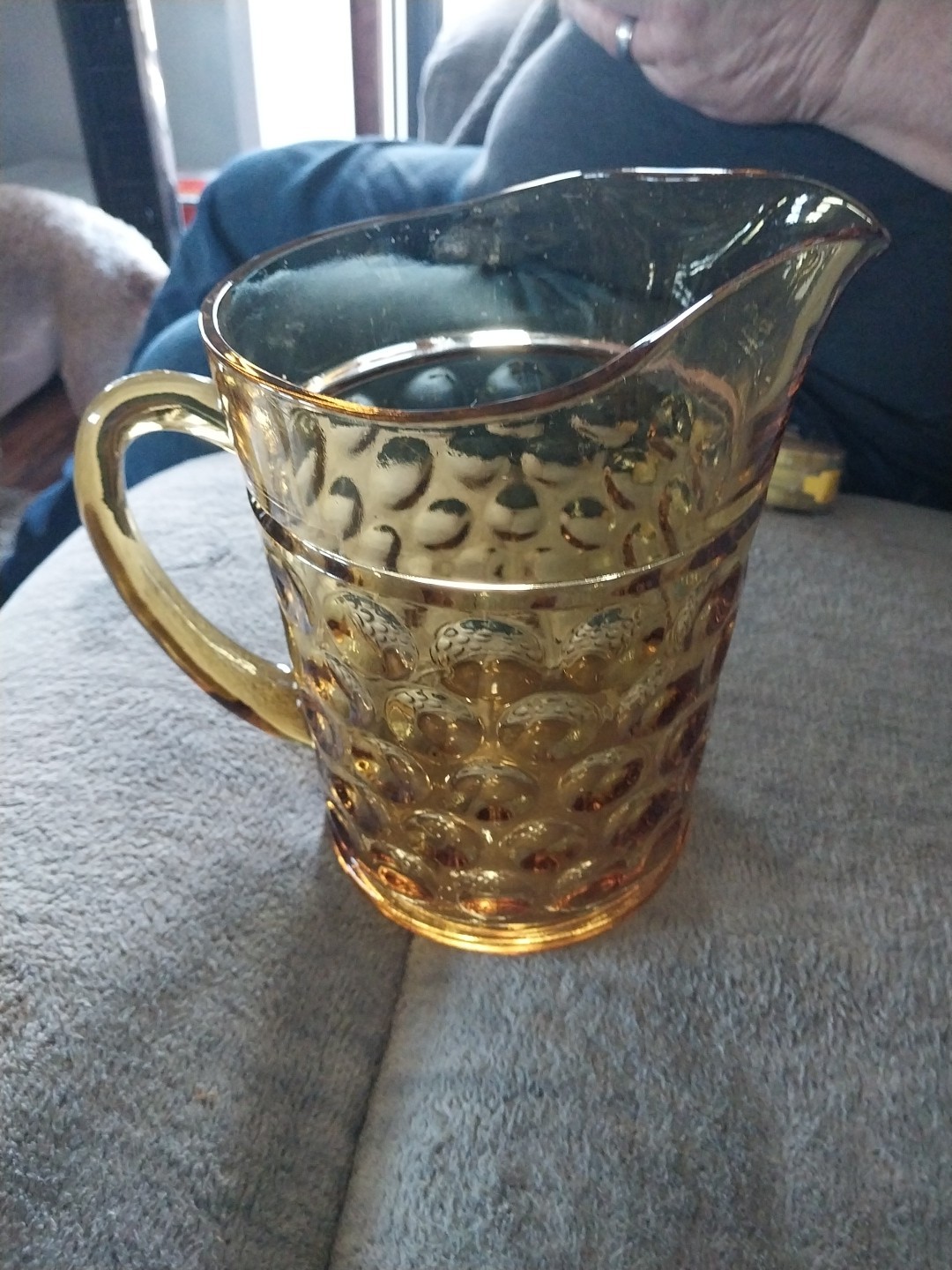 Vintage Amber Glass Thumbprint Pattern Pitcher with Handle