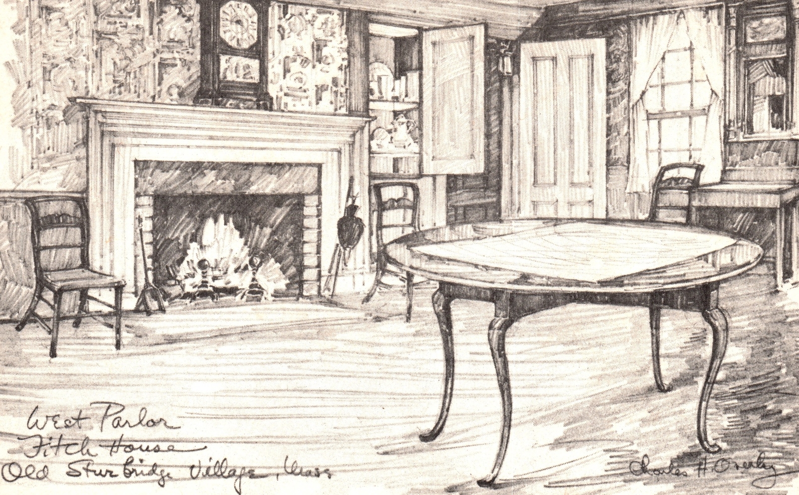 Vintage Postcard West Parlor Stephen Fitch House Sturbridge Mass. Drawing Sketch