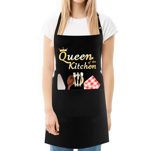 Funny Baker Apron for Mum, Kitchen of the Queen, Adjustable Black Apron with 2 